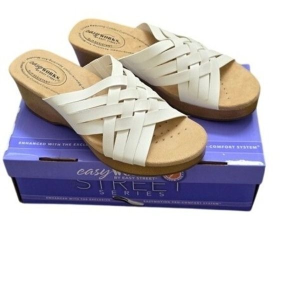 Easy Works by Easy Street Shoes - Easy Works Rosanna Sandals 10 White Woven Wedge Slip Resistant Comfort Clogs